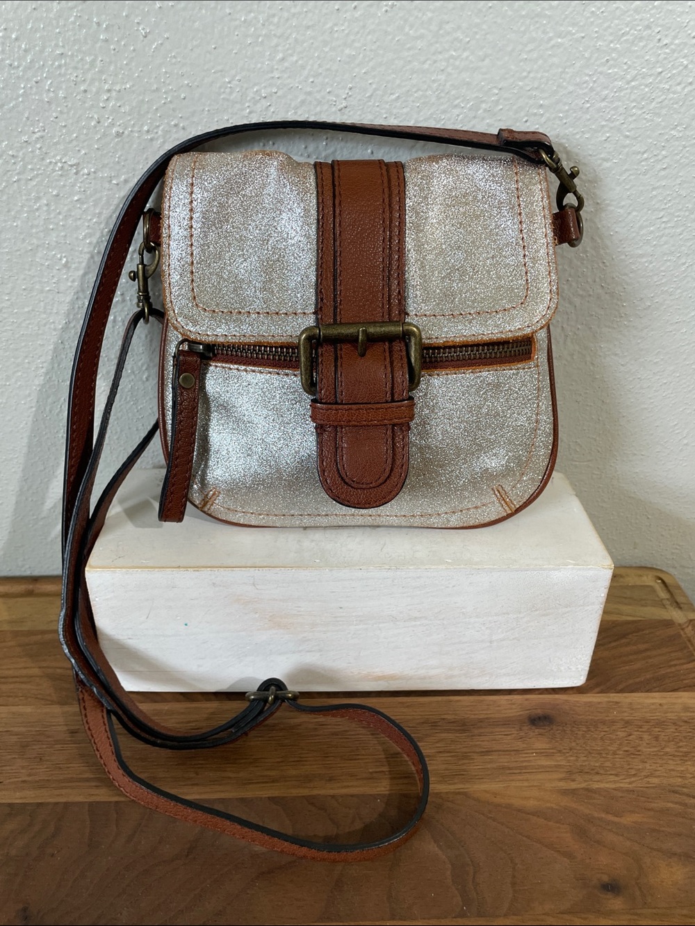 Leather Metallic Silver Crossbody Bag Brown Trim Adjustable Purse Handsfree Tano
